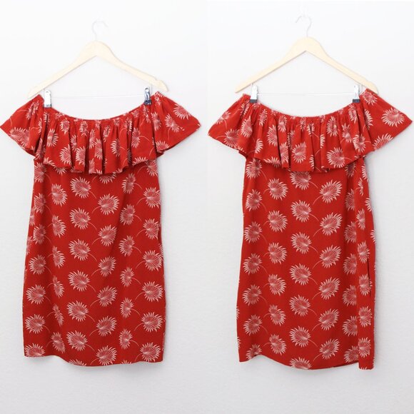 Madewell 100% Silk Palmflower Off The Shoulder Ruffle Mini Dress M $150 Rust - Picture 16 of 16